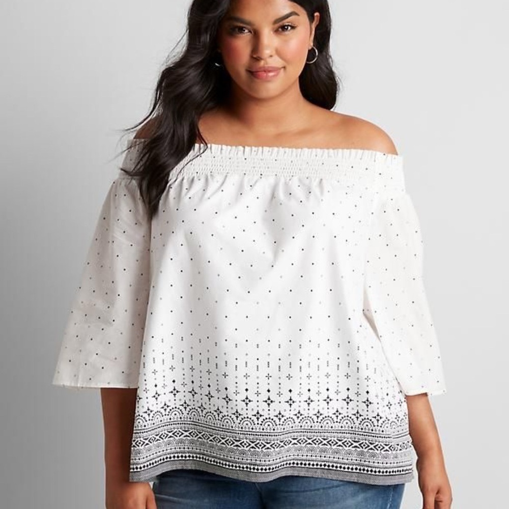Lane Bryant Blouse Women’s Sz 18-20 White Black Off Shoulder Cotton Lightweight